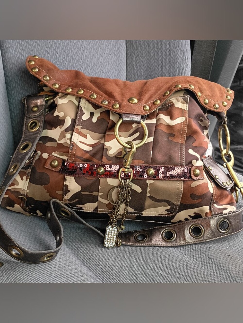 Y2K Vintage Kathy Van zeeland Camouflage and Brown Studded Women’s Shoulder Bag